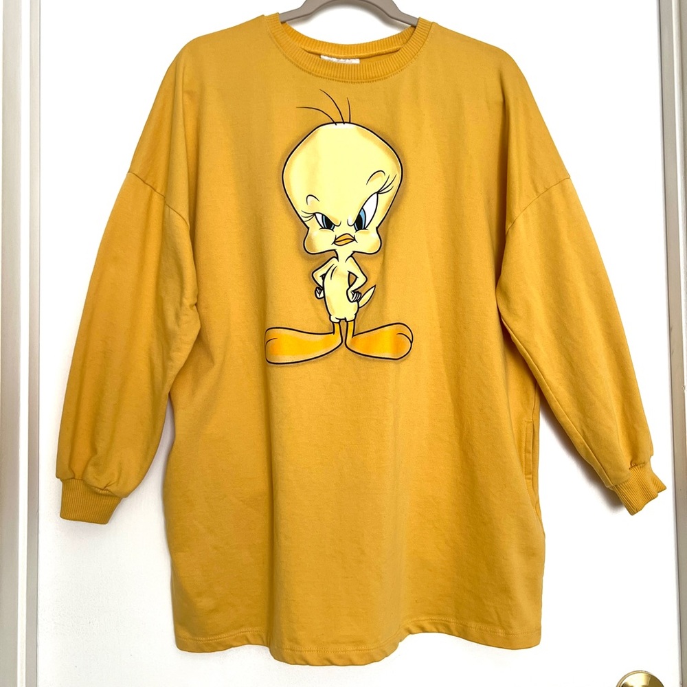 Tweety Adult Drop shoulder Crewneck Shirt with Pockets - Mustard Yellow size S